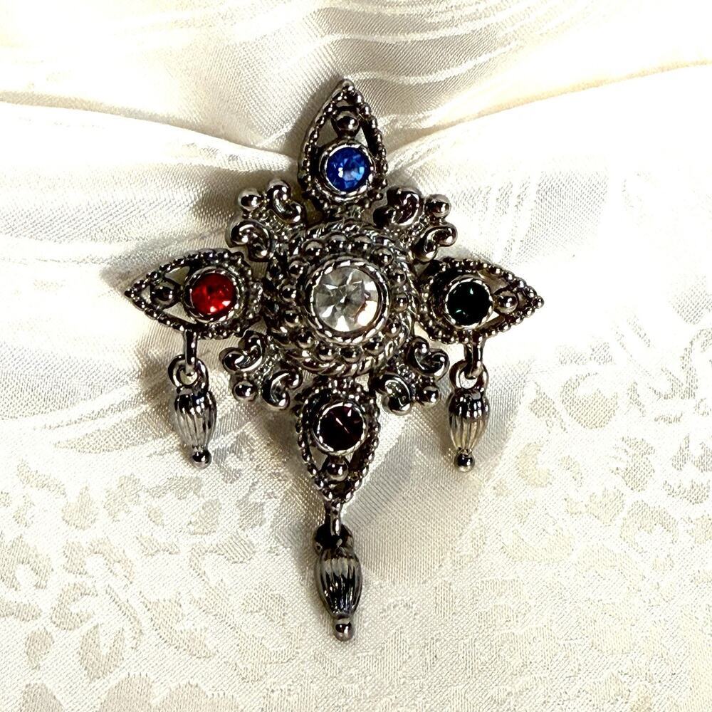 VTG Bob Mackie Maltese Cross Silvertone Metal Multi Colored Crystal Rhinestone